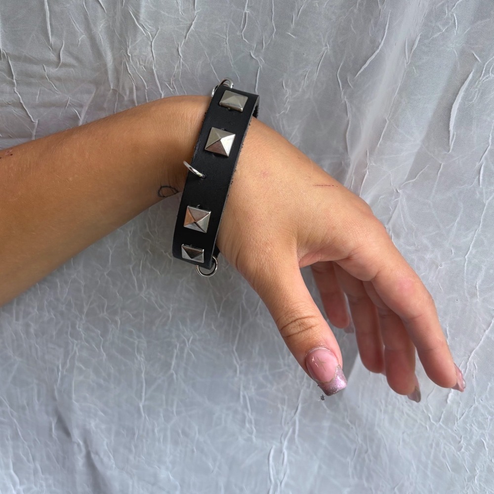 Black Leather Studded Cuff Bracelet Silver Pyramid Studs Hoop Rings Punk Goth